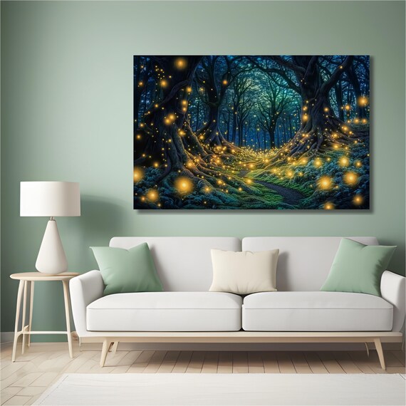 Fireflies Forest Wall Art Magic Forest Painting Print Psychedelic Art Gift Electric Forest Forest Trail Decor Illumination Art