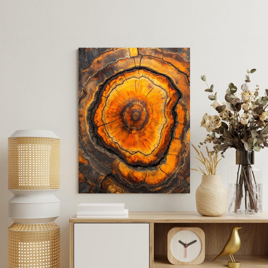 Burnt Orange Tree Ring Cross Section Charred Wood Grain Poster - Image 2