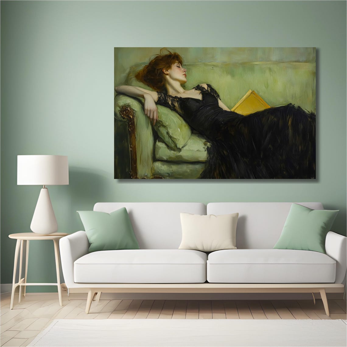 Woman Reclining with Book on Green Sofa Impressionist Poster