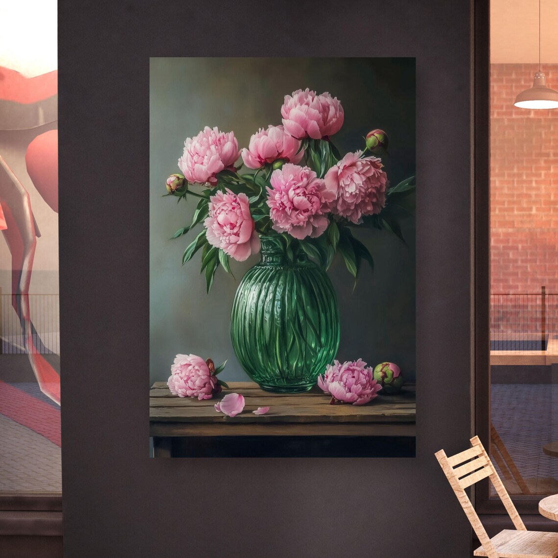 Pink Peonies in Green Ribbed Glass Vase Floral Still Life Poster - Image 2