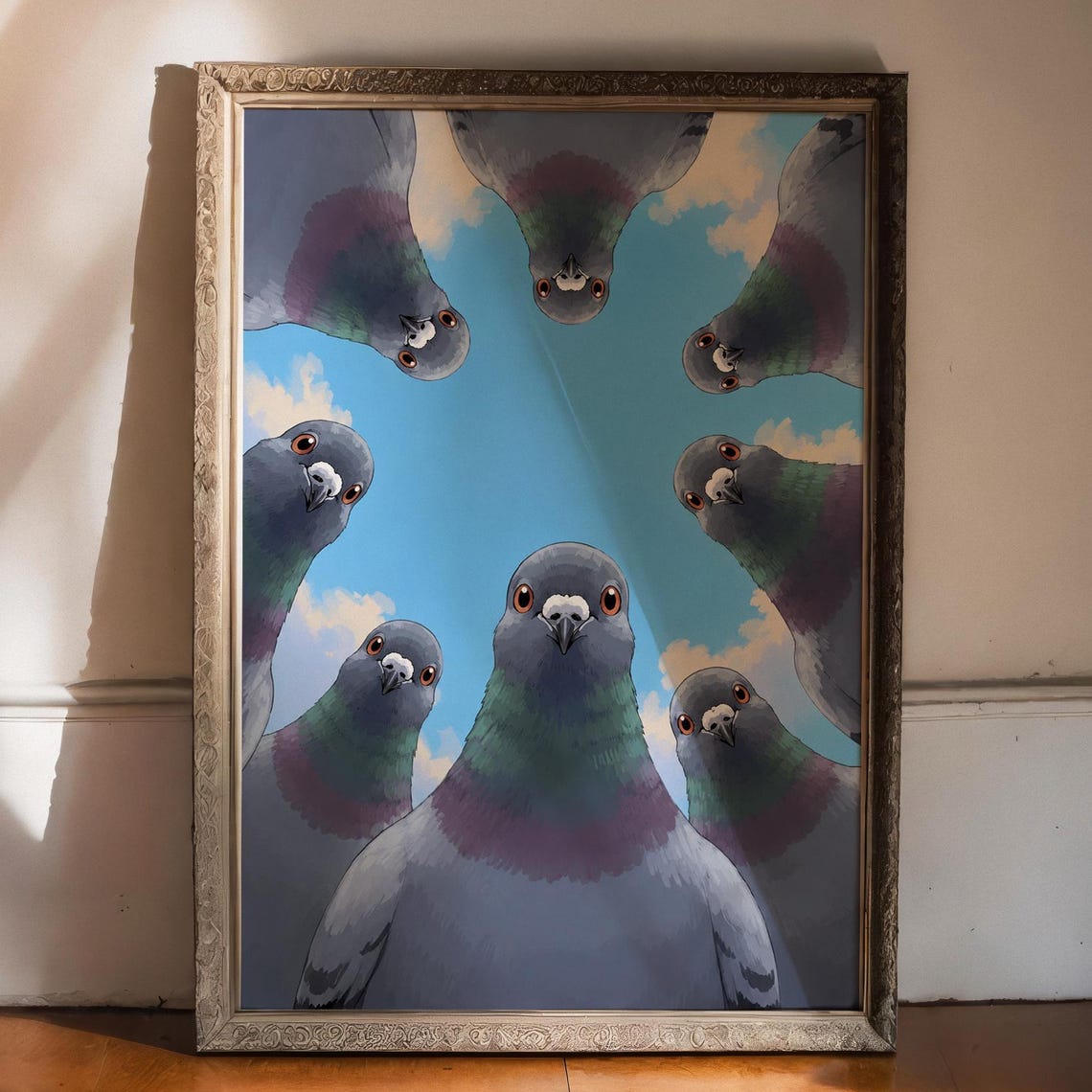 The Pigeon Council Funny Curious Birds Circle Sky Whimsical Art Poster