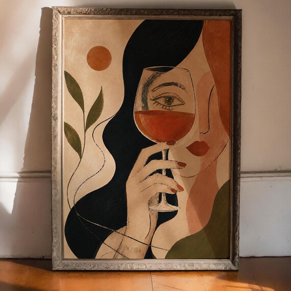 Abstract Woman Holding Wine Glass Wall Art Print Surreal Eye Decor