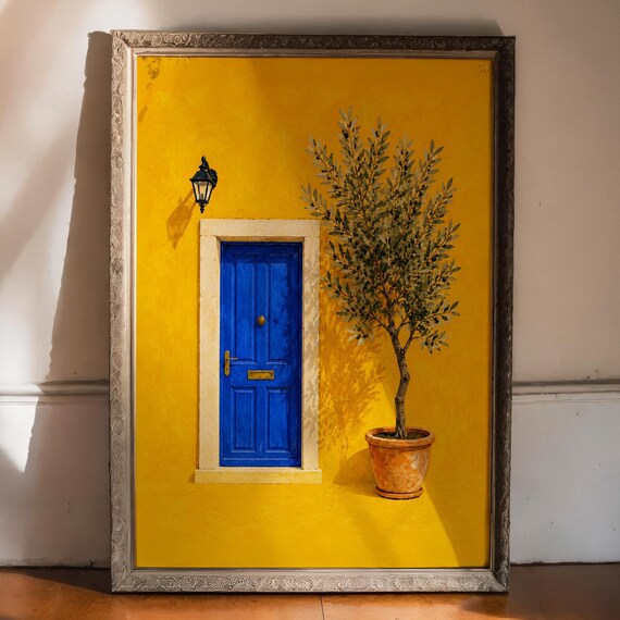 Mediterranean Blue Door Poster Olive Tree Yellow Wall Sunlit Scene