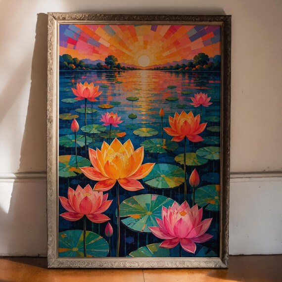 Sunrise Lotus Pond Pink Water Lily Floral Landscape Art Poster