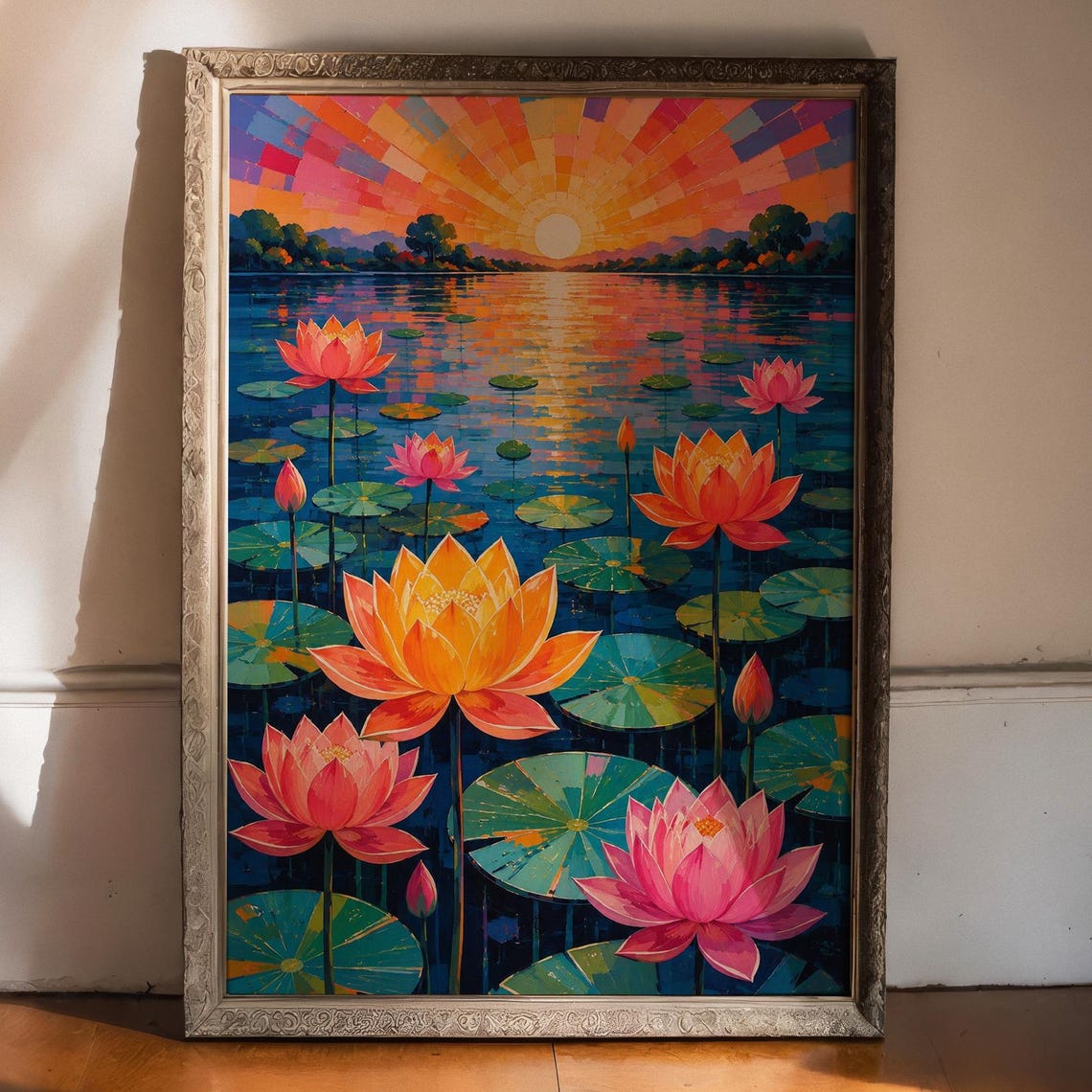 Sunrise Lotus Pond Pink Water Lily Floral Landscape Art Poster