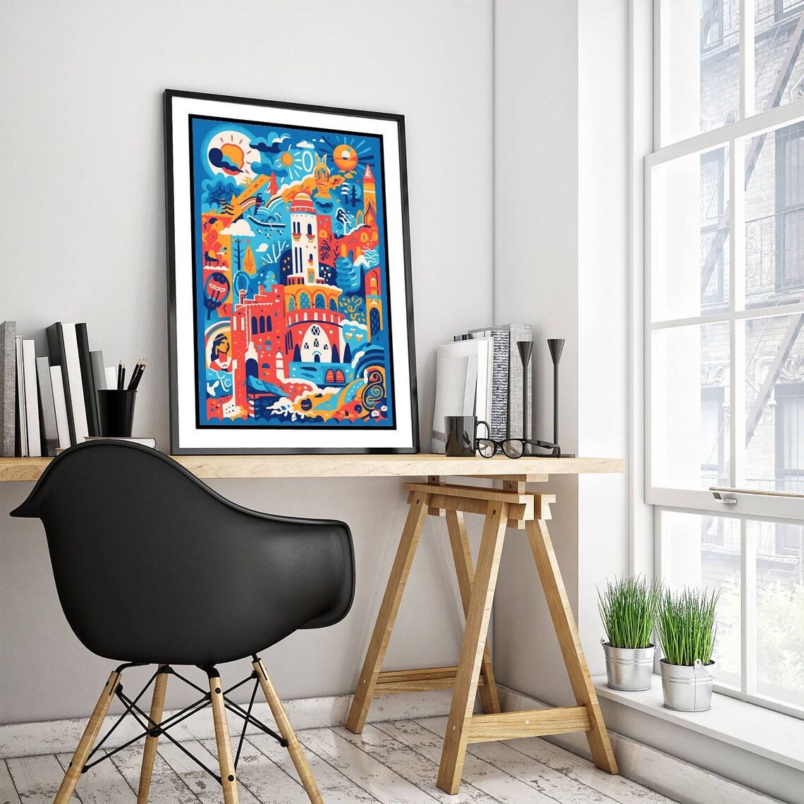 Whimsical Italian Cityscape With Suns Colorful Illustration Poster - Image 3