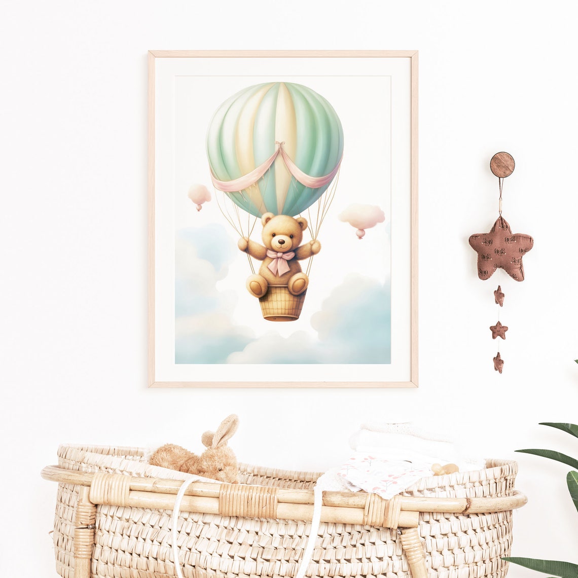 Teddy Bear Hot Air Balloon Pastel Mint Clouds Nursery Poster - Image 8