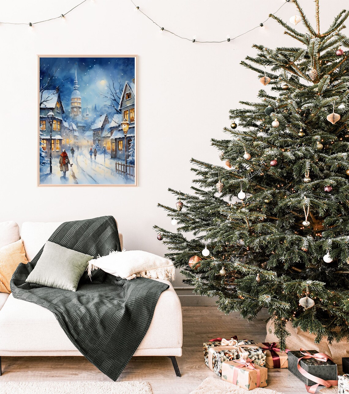 Blue Christmas Town Clock Tower Snowy Night Watercolor Art Print - Image 8