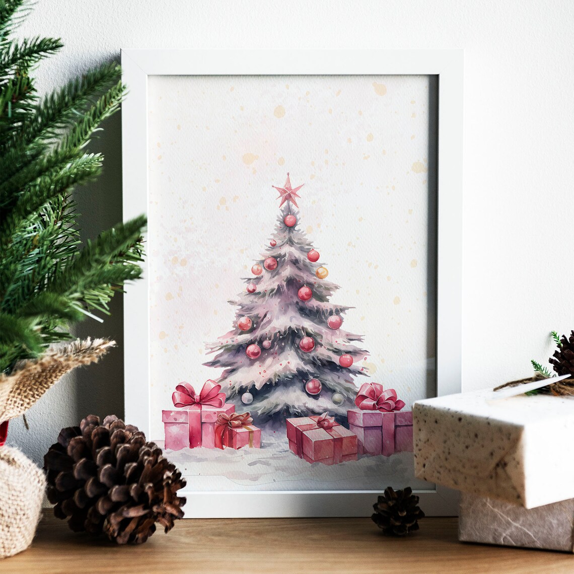 Blush Pink Christmas Tree Watercolor Ornaments Gifts Wall Poster - Image 5