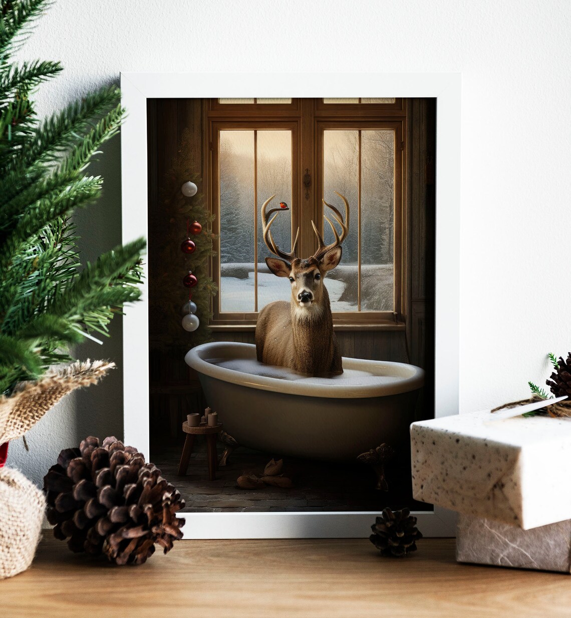Funny Reindeer In Bathtub Snowy Window Rustic Winter Art Poster - Image 7