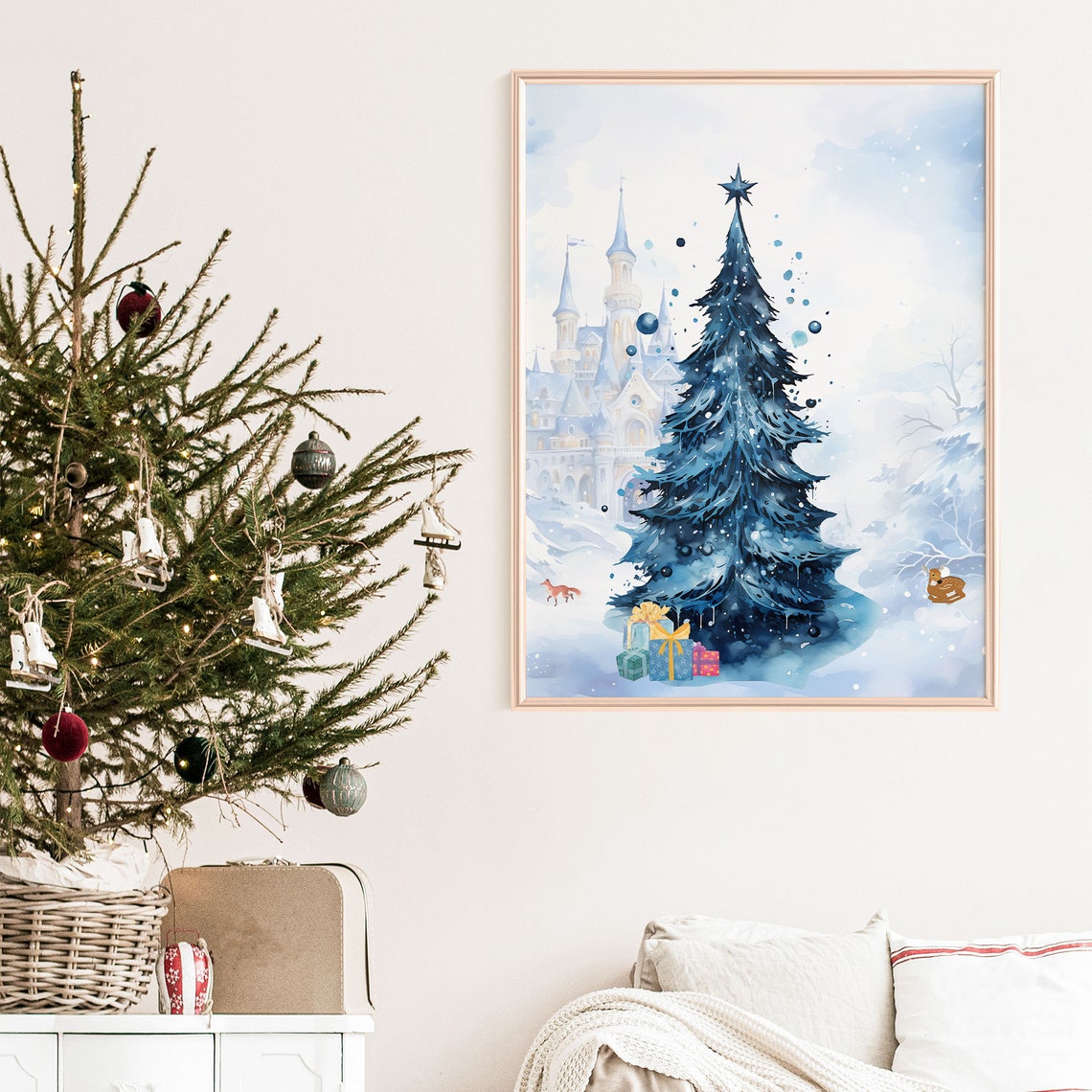 Blue Watercolor Christmas Tree Fairy Tale Castle Snowy Poster - Image 6