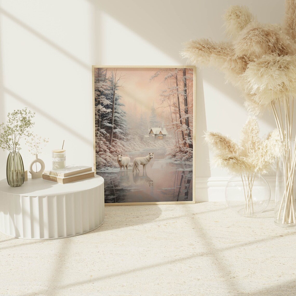 Two White Wolves at a Frozen Lake with Snowy Cabin Winter Print - Image 3