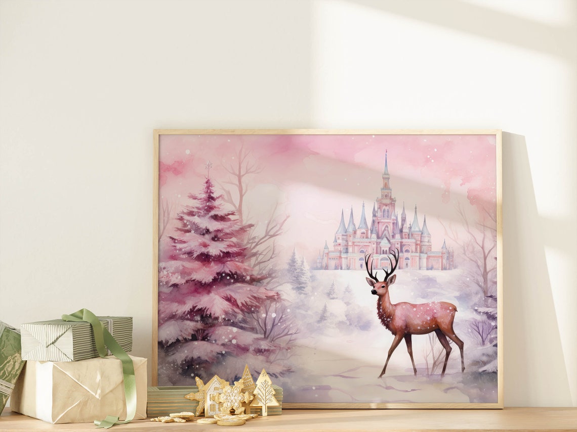 Pink Christmas Reindeer Castle Watercolor Dreamy Holiday Art Print - Image 6