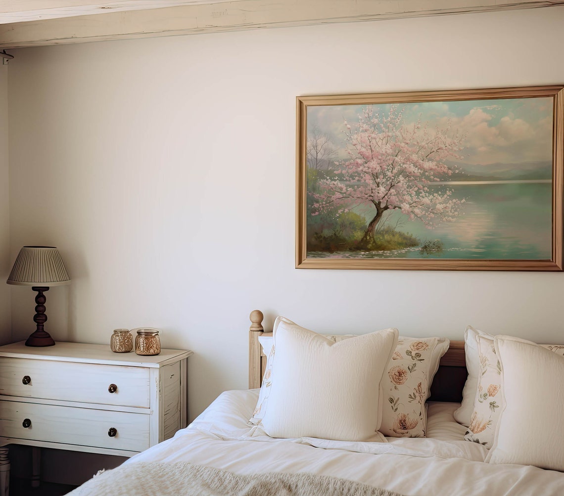 Cherry Blossom Tree By Calm Turquoise Lake Spring Reflection Poster - Image 6