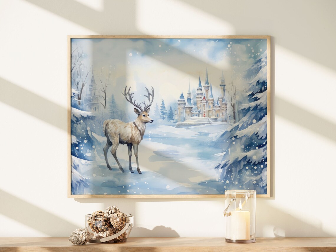 Winter Deer Castle Snowy Blue Christmas Watercolor Art Print - Image 4