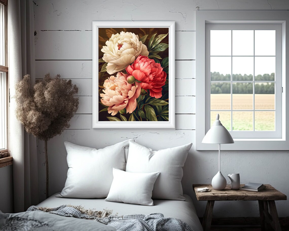 Three Large Peony Flowers Cream Coral Red Dark Painterly Floral Poster - Image 3