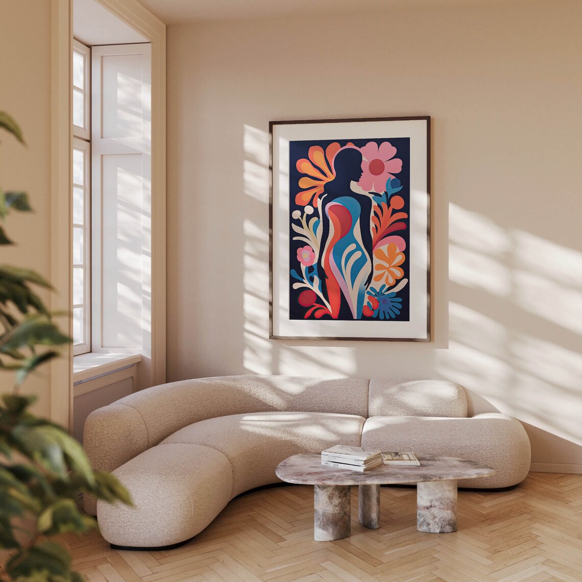 Blue Abstract Female Silhouette with Bold Florals Matisse Style Print - Image 2