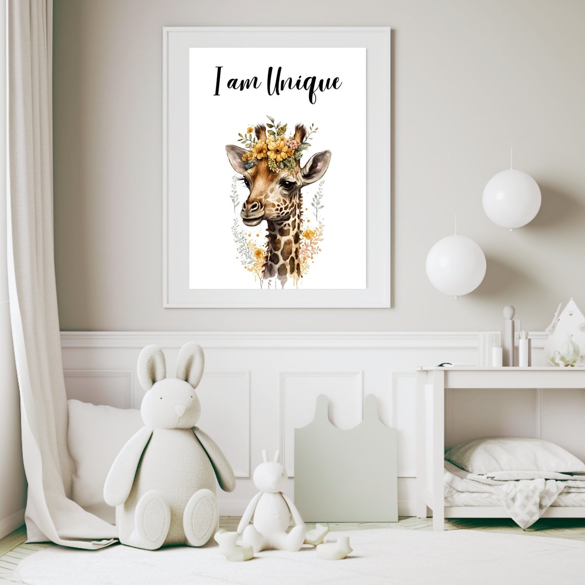 I Am Unique Giraffe Watercolor Flower Crown Nursery Kids Poster - Image 5