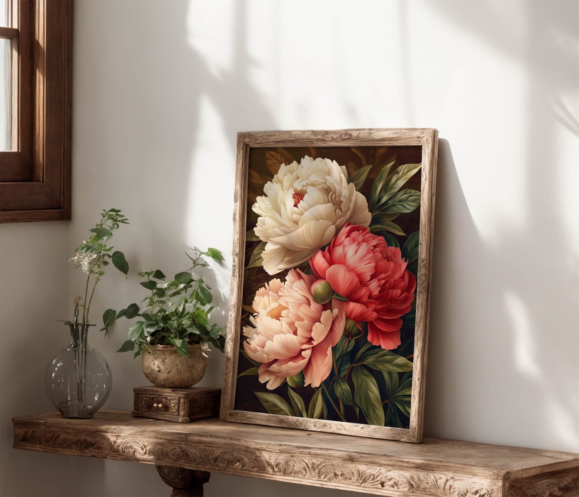 Three Large Peony Flowers Cream Coral Red Dark Painterly Floral Poster - Image 7