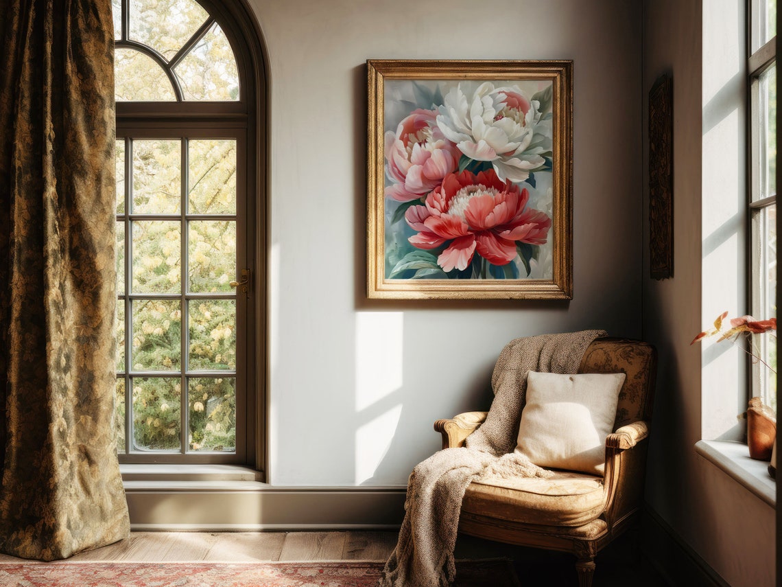 Pink White Coral Peony Flowers Soft Impressionist Floral Poster - Image 3
