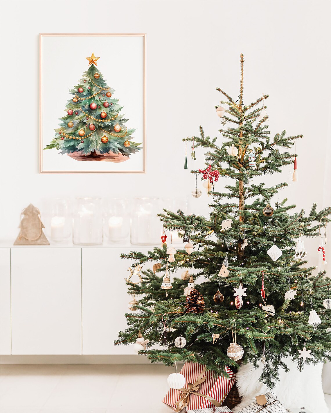 Watercolor Green Christmas Tree Gold Star Ornaments Holiday Poster - Image 4