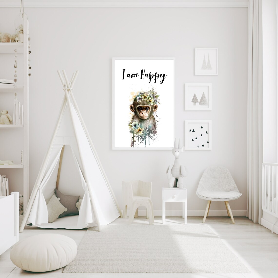 I Am Happy Monkey Watercolor Flower Crown Nursery Kids Poster - Image 3
