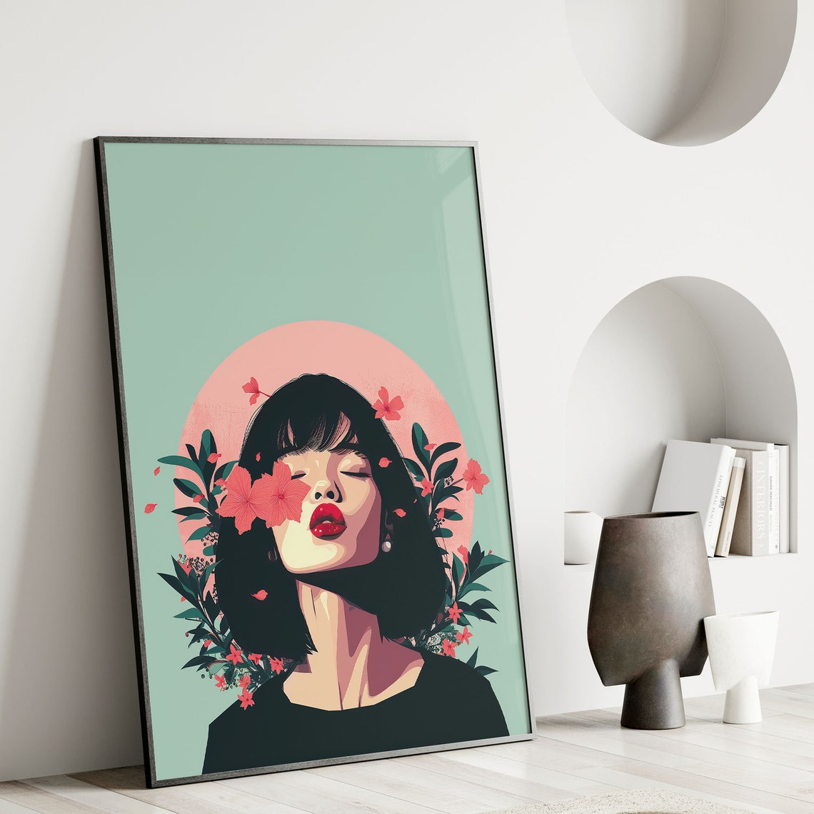 Neo Pop Woman with Flowers on Face Vintage Style Portrait Wall Art - Image 7