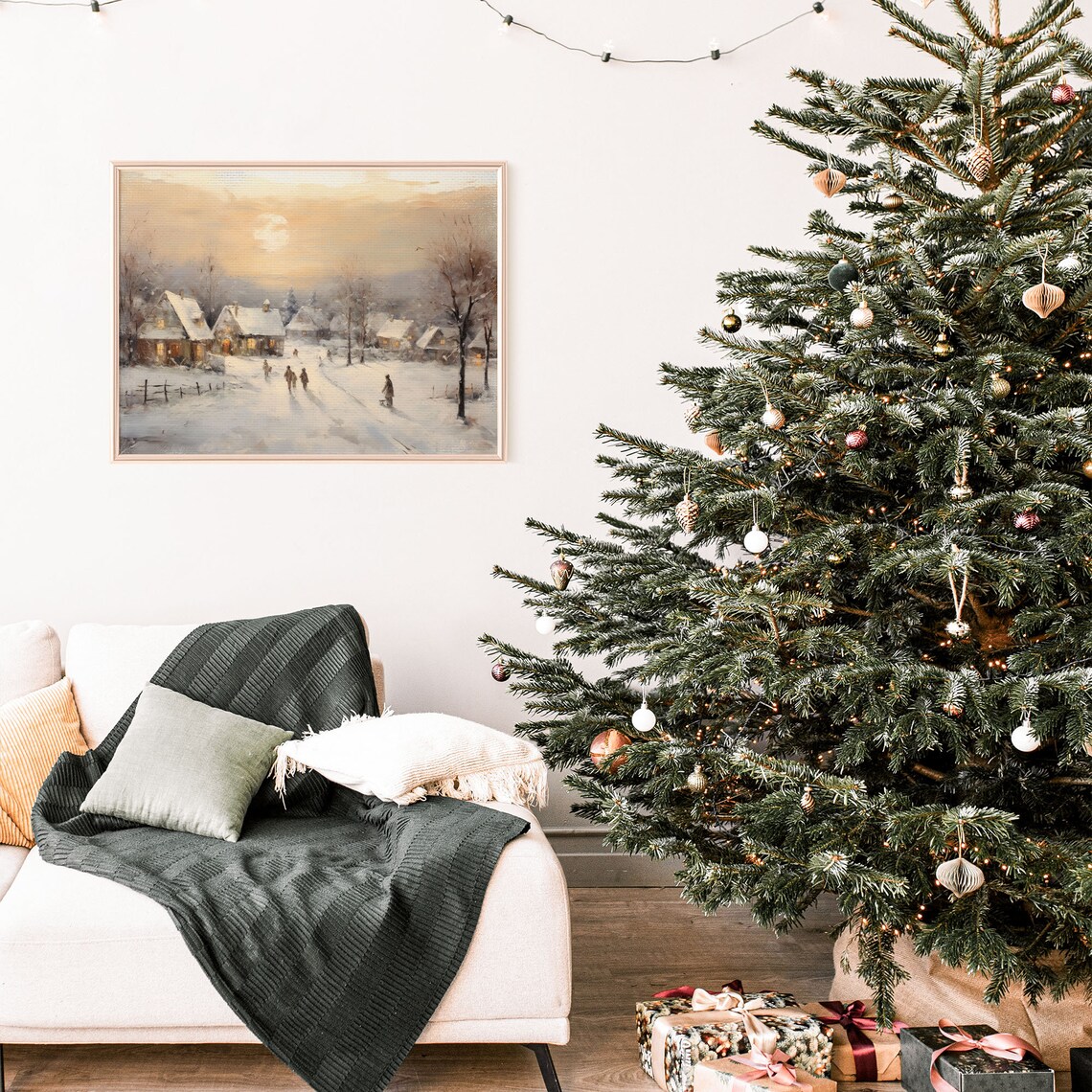 Vintage Snowy Village Moonrise Winter Scene Oil Painting Poster - Image 3