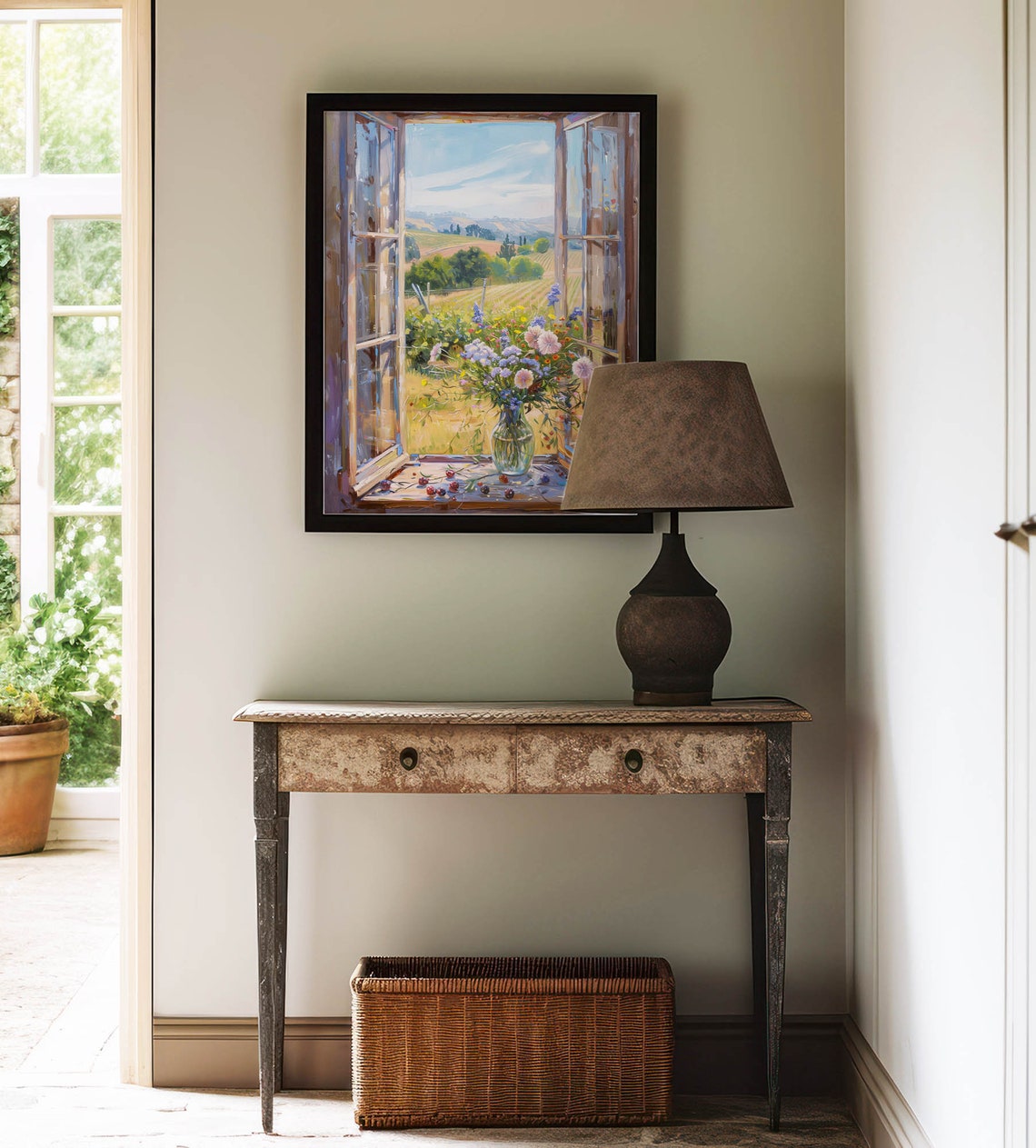 Wildflower Vase On Open Windowsill Over Vineyard Hillside View Poster - Image 3