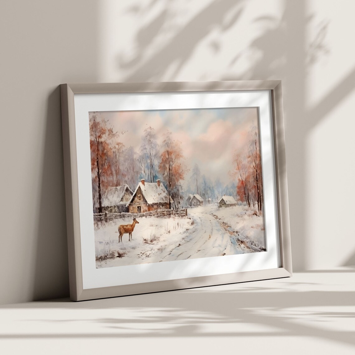 Winter Cabin Deer Snowy Woods Pink Dusk Cozy Christmas Poster - Image 6