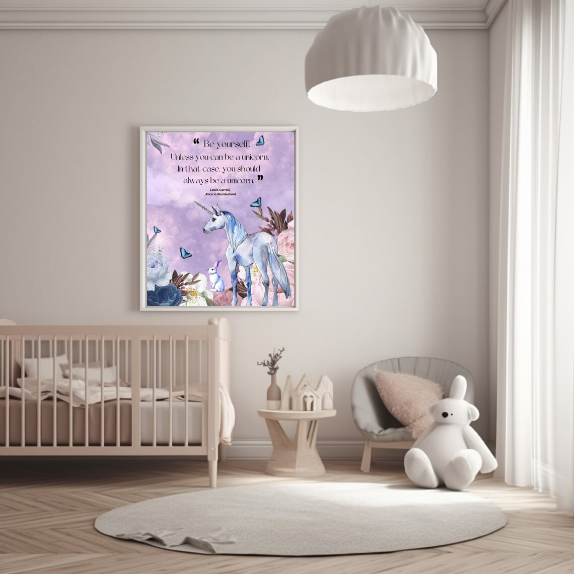 Alice In Wonderland Unicorn Quote Purple Butterfly Nursery Poster - Image 2