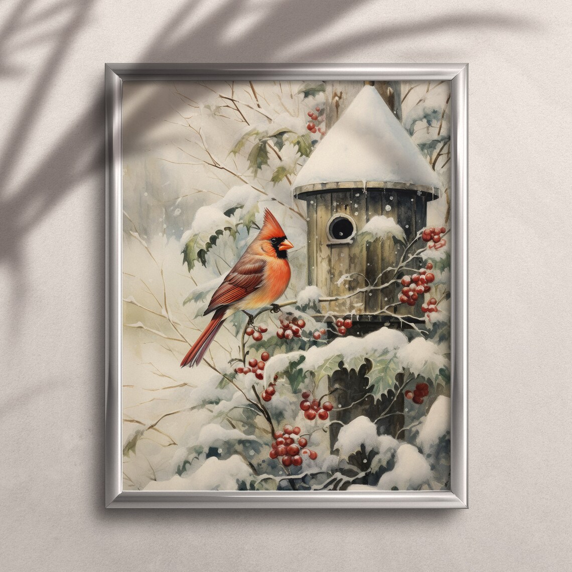 Red Cardinal Snowy Birdhouse Winter Wonderland Berries Art Print - Image 2