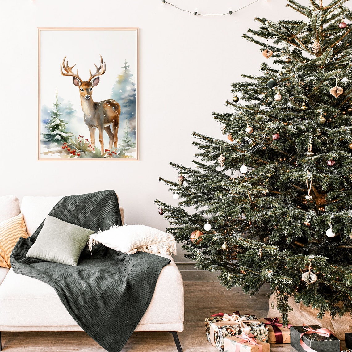 Watercolor Deer Antlers Snowy Forest Red Berries Winter Poster - Image 2