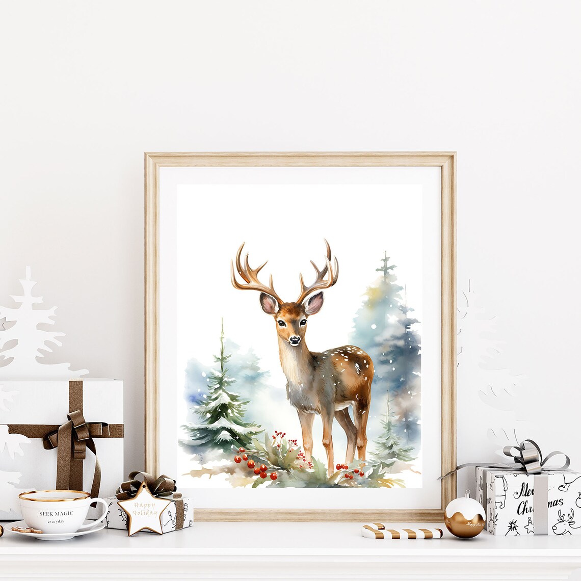 Watercolor Deer Antlers Snowy Forest Red Berries Winter Poster - Image 4