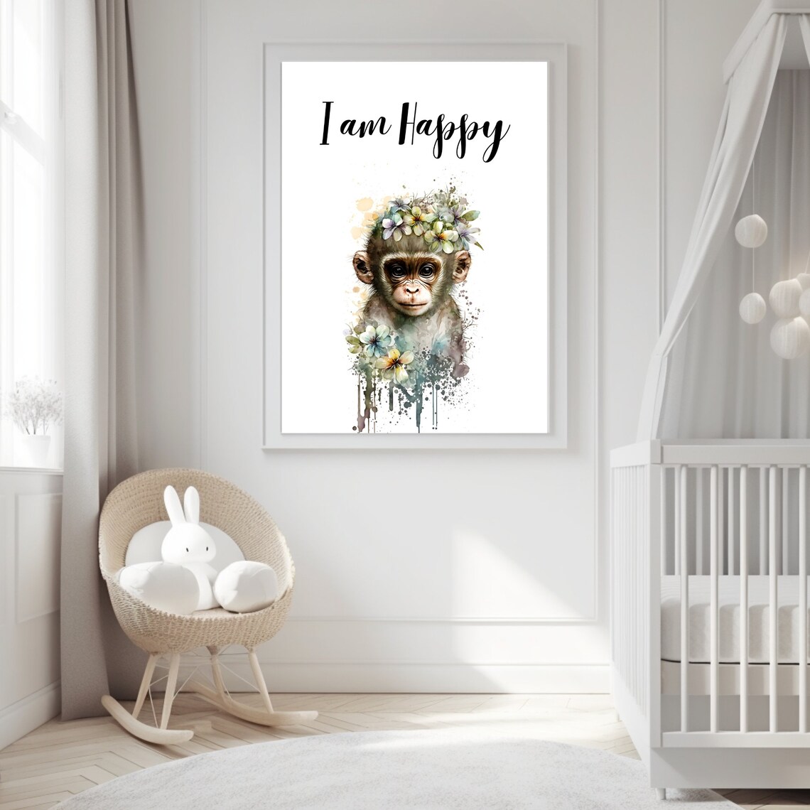 I Am Happy Monkey Watercolor Flower Crown Nursery Kids Poster - Image 5