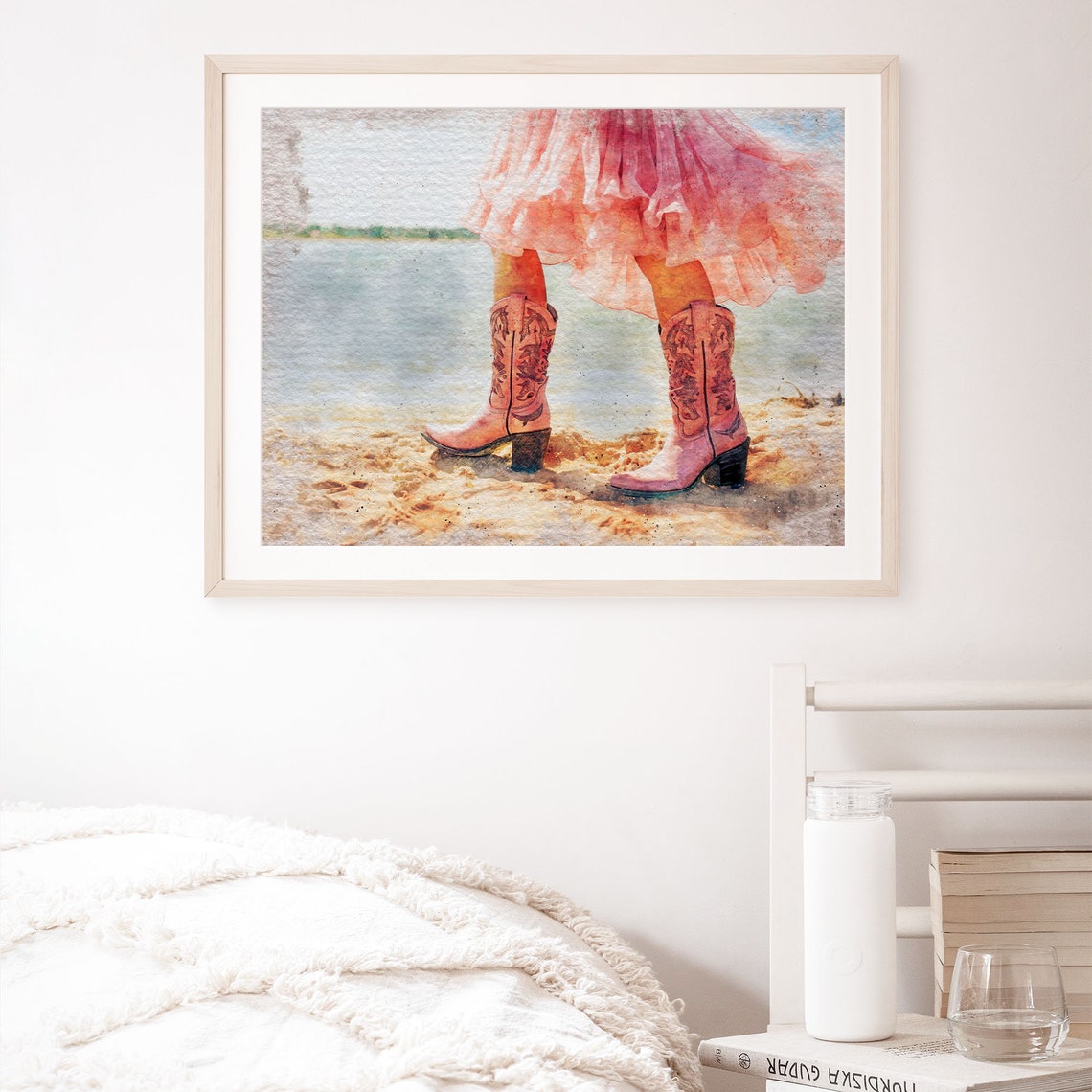 Coastal Cowgirl Pink Boots Beach Watercolor Preppy Style Wall Art - Image 8