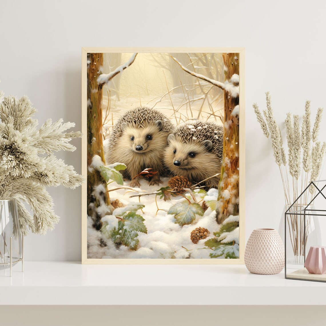 Two Hedgehogs in a Snowy Woodland Cute Winter Nursery Animal Poster - Image 5