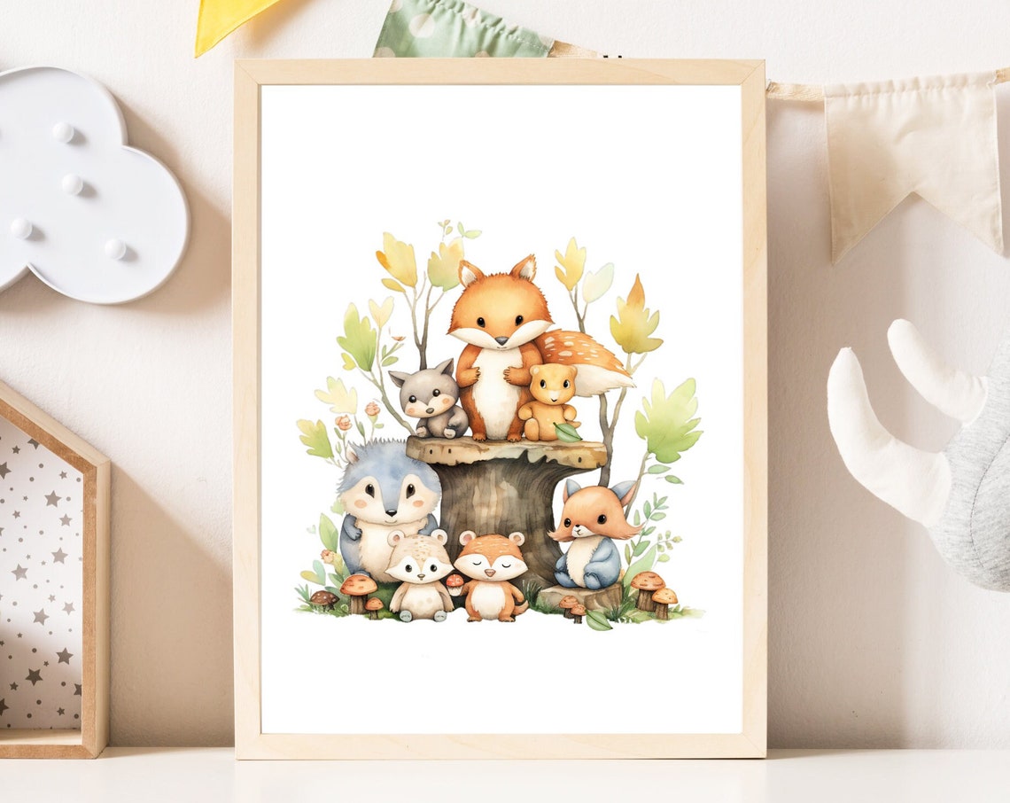 Woodland Forest Friends Nursery Wall Art Watercolour Cute Woodland Animal Print Gender Neutral Kids Room Wall Art