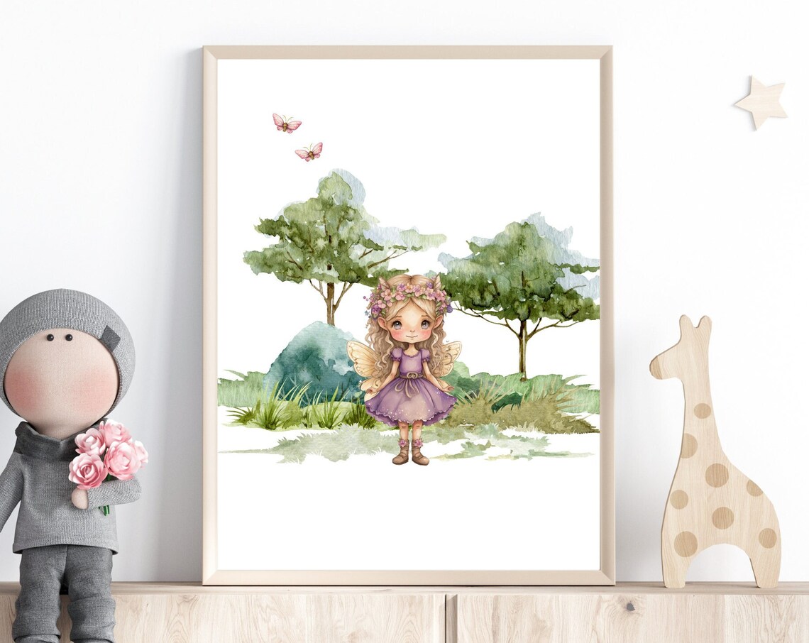 Watercolor Fairy Girl with Flower Crown Woodland Nursery Art Print
