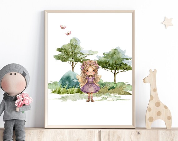 Watercolor Fairy Girl with Flower Crown Woodland Nursery Art Print