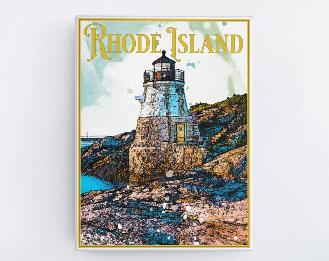 Rhode Island Stone Lighthouse Rocky Shore Vintage Travel Poster