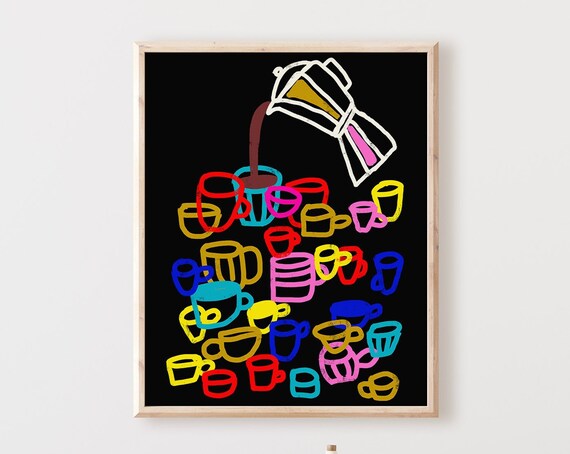 Neon Moka Pot Coffee Pour Colorful Cups Black Background Poster