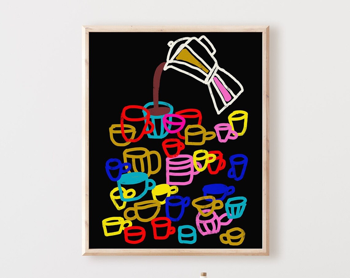 Neon Moka Pot Coffee Pour Colorful Cups Black Background Poster