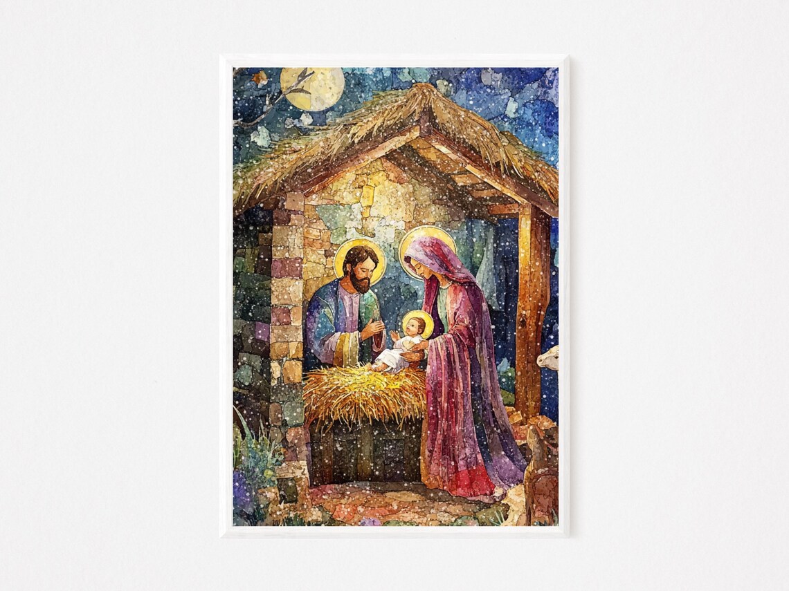 Mosaic Style Nativity Scene With the Holy Family Christmas Poster