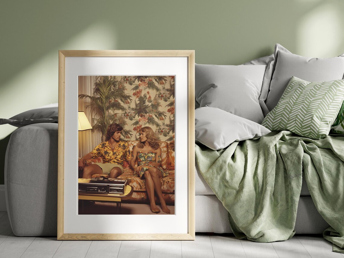 1970s Retro Couple on Floral Sofa with Boombox Nostalgia Photo Poster