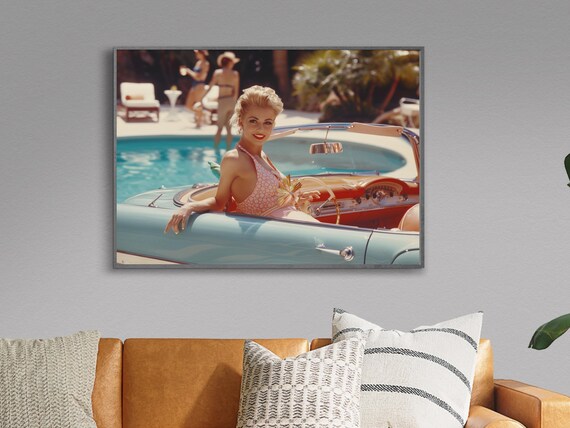 Retro Poolside Woman in a Vintage Convertible Photo Art Poster