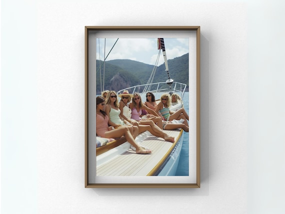 Women Relaxing on a Yacht Deck Midcentury Coastal Luxury Photo Poster