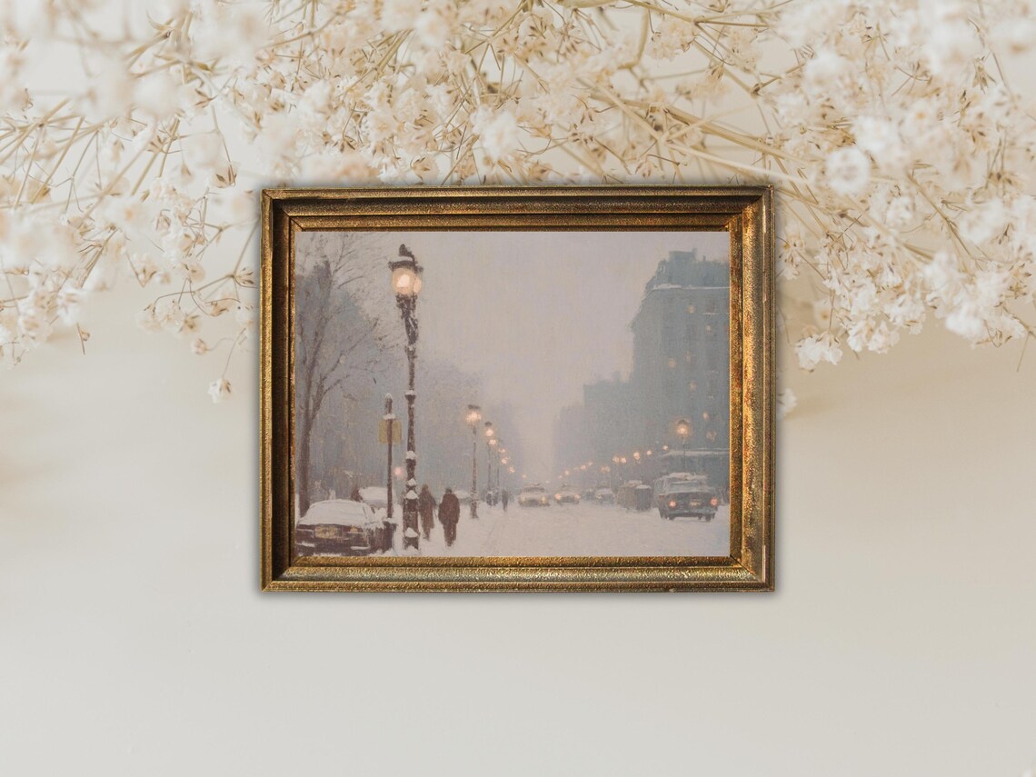 Snowy Paris Street Lamps Vintage Winter Cityscape Art Poster