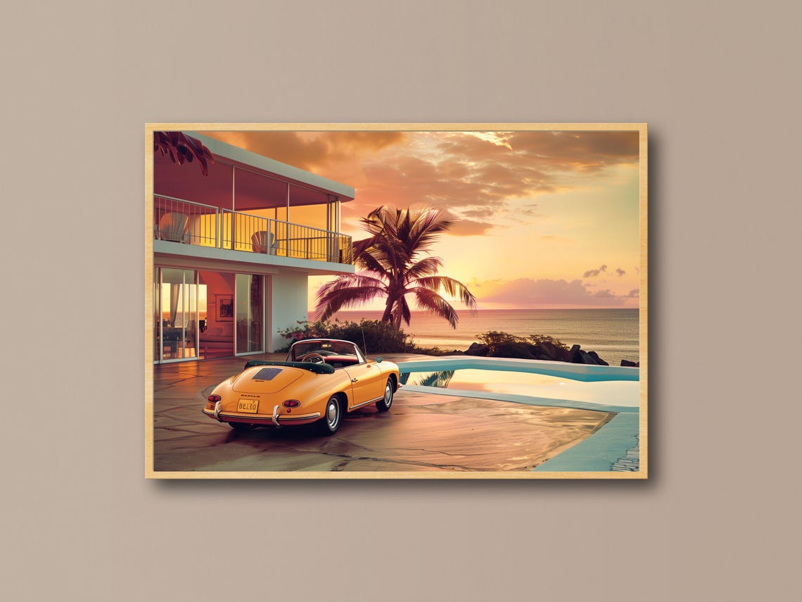 Yellow Porsche 356 Convertible Sunset Villa Ocean View Poster