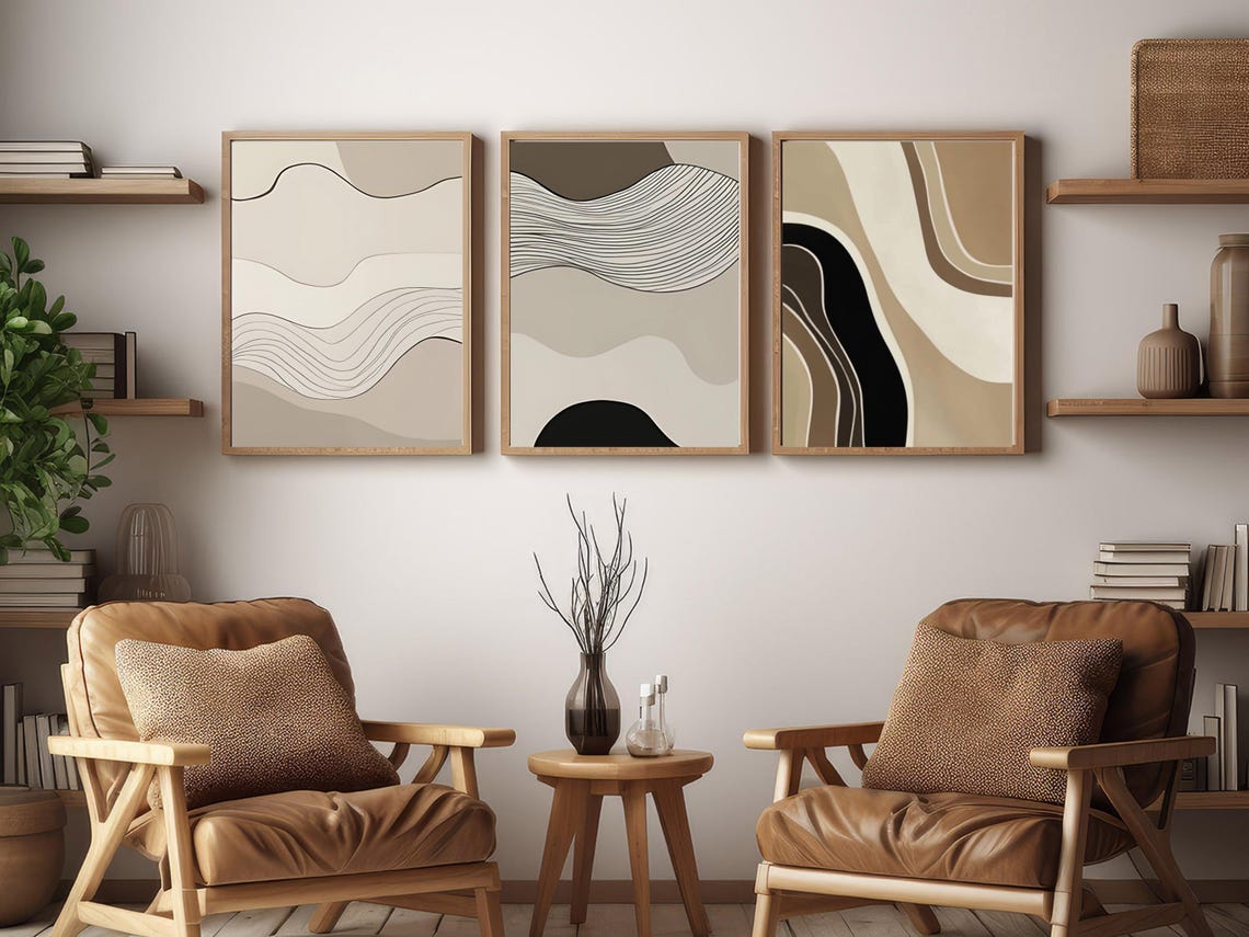 Neutral Abstract Line Art Print Set Modern Boho Wall Decor Trio